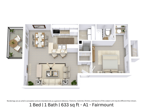 This is a 3D-floor plan providing a detailed, angled view of the space with room layouts, furniture placement, and spatial flow. Features 1 bedrooms, 1 bathrooms, and approximately 633 Sq. Ft.